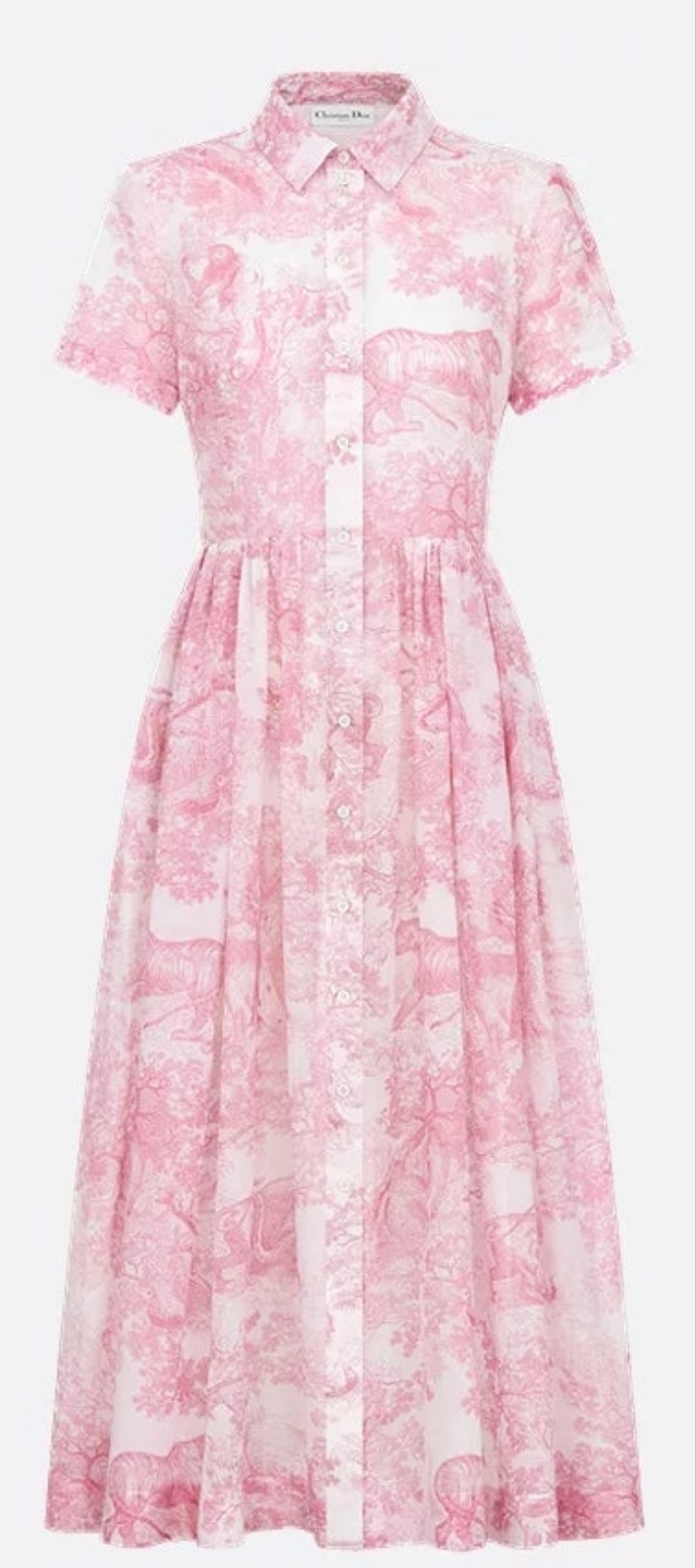Dior Dioriviera Mid-Length Shirtdress
White Cotton Muslin with Cherry Blossom Pink Toile de Jouy Sauvage Motif