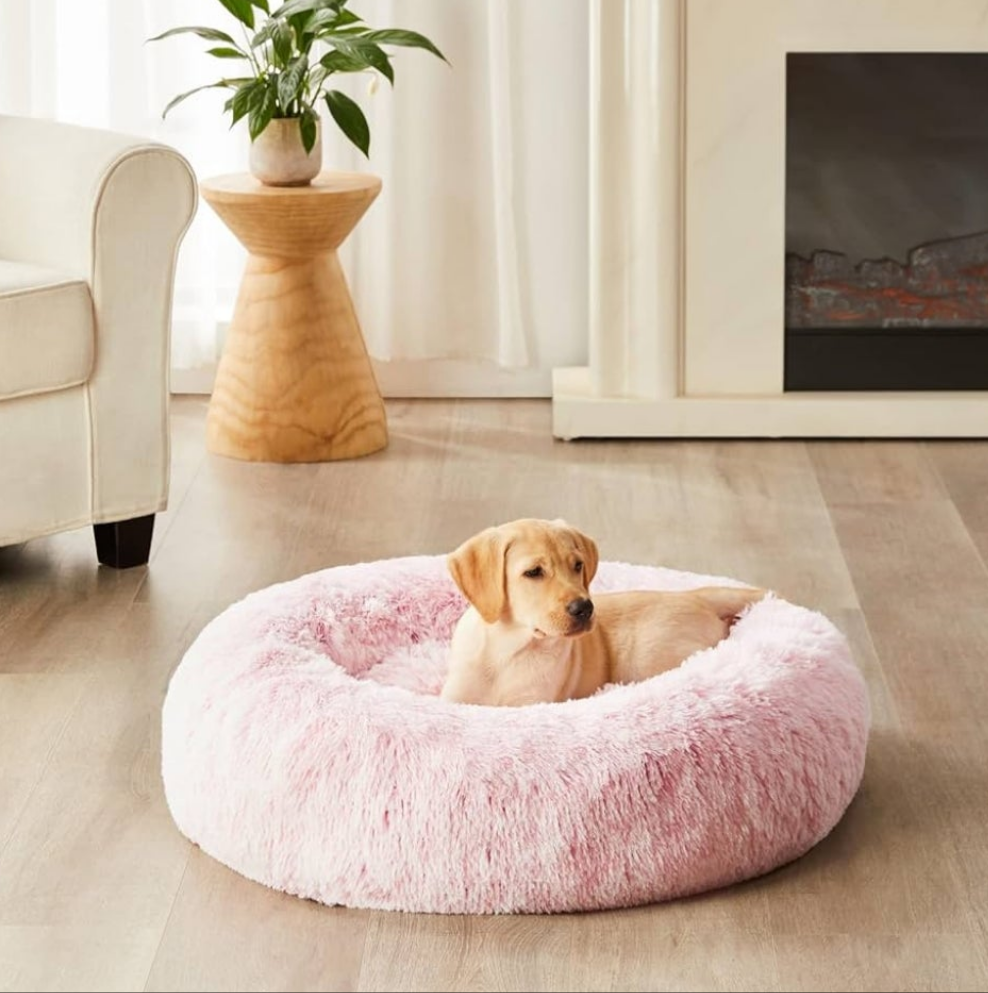 Calming Dog Cat Bed Donut, Faux Fur Pet Bed Self-Warming Donut Cuddler, Comfortable Round Plush Dog Beds