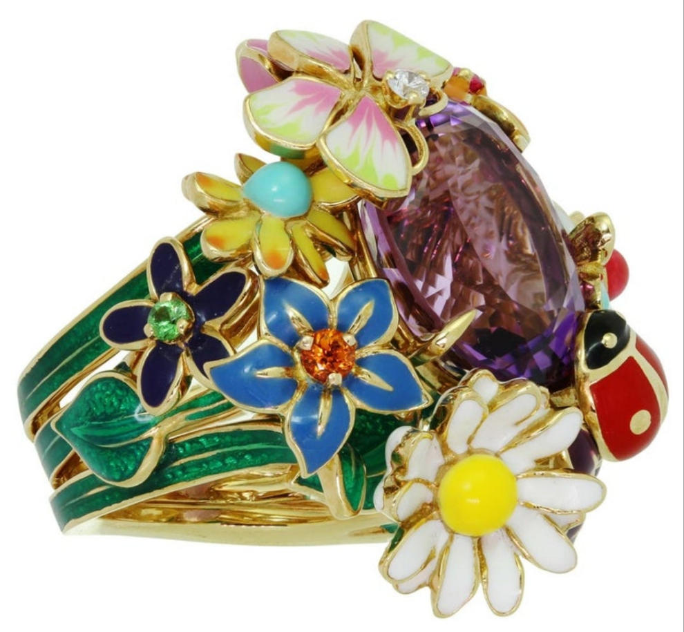CHRISTIAN DIOR Diorette Amethyst Diamond Gemstone Yellow Gold Large Ring 19k White Gold