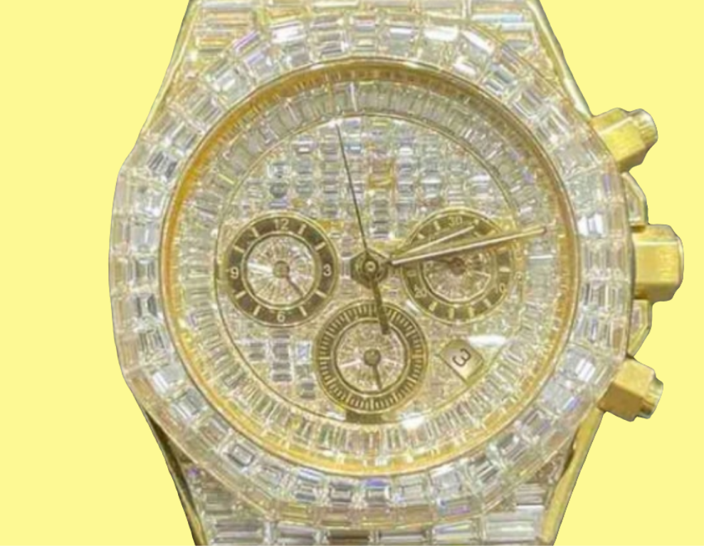 CHANDELIER ICED OUT "AP" 18K SOLID GOLD WATCH | VVS1 80 CTS T.W.