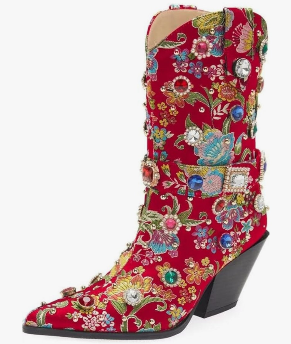 Western Cowgirl Boots For Women Flower Embroidered Rhinestone Mid Calf Pointed Toe Chunky Heel Cowgirl Boots