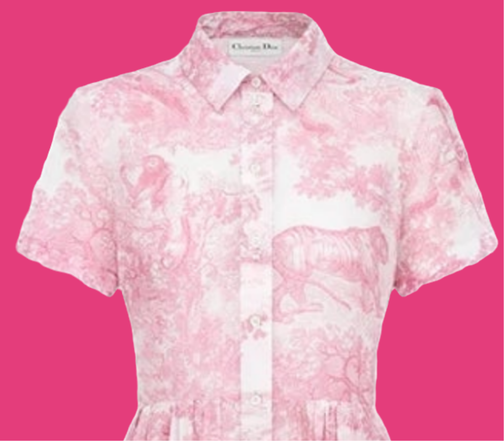Dior Dioriviera Mid-Length Shirtdress
White Cotton Muslin with Cherry Blossom Pink Toile de Jouy Sauvage Motif