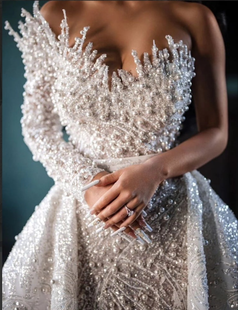 Stunning Long White One Shoulder A-line Beading Pearls Long Sleeve Weeding Dress With Train