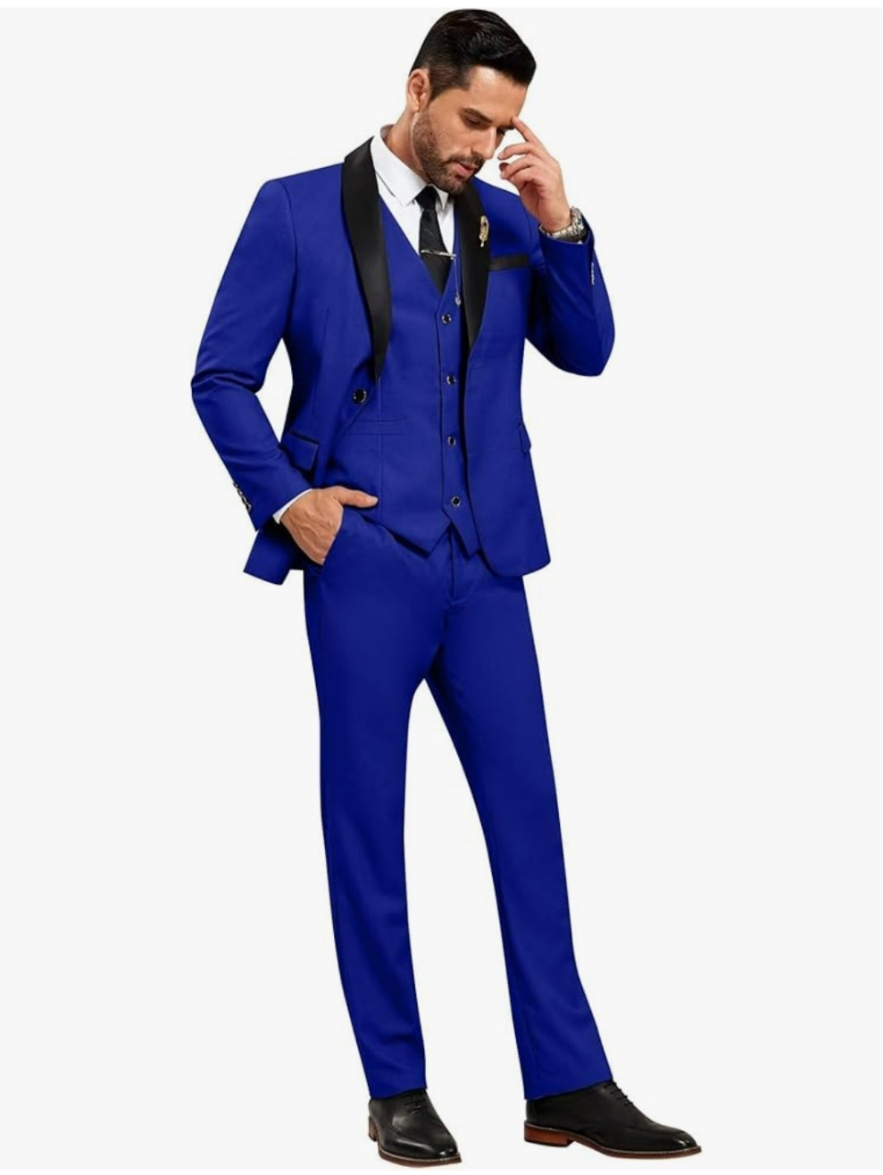 Men's 3 Piece Slim Fit Suit One Button Shawl Lapel Jacket Vest Pants Tuxedo Set with Bow Tie Pocket Square
