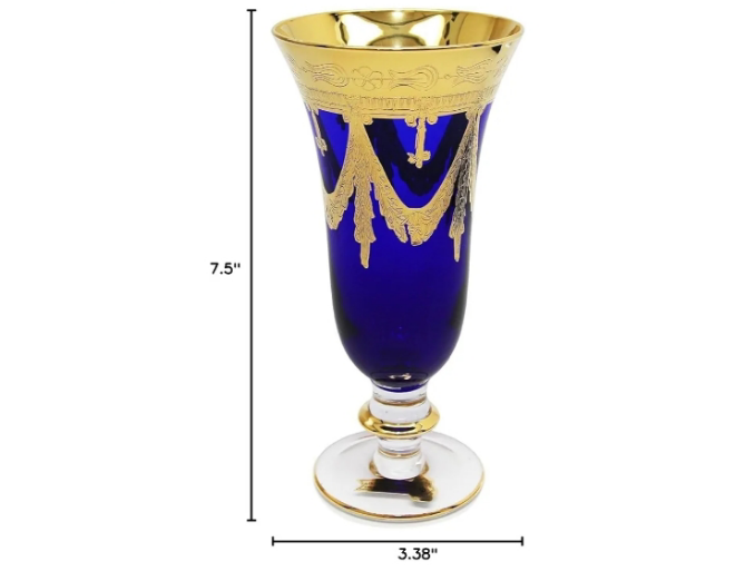 Set of 6 Crystal Glasses, 24K Gold-Plated (Champagne Flutes, Blue)