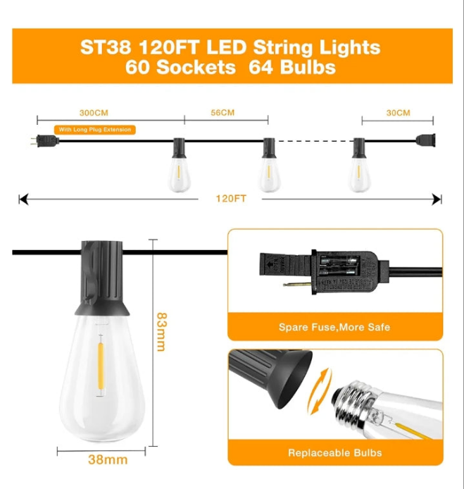 60FT LED Outdoor Patio Lights Waterproof with 30+2 Vintage Bulbs Shatterproof Energy Saving,2700K Hanging Edison String Lights Outside for Backyard,Bistro,Camping,Gazebo