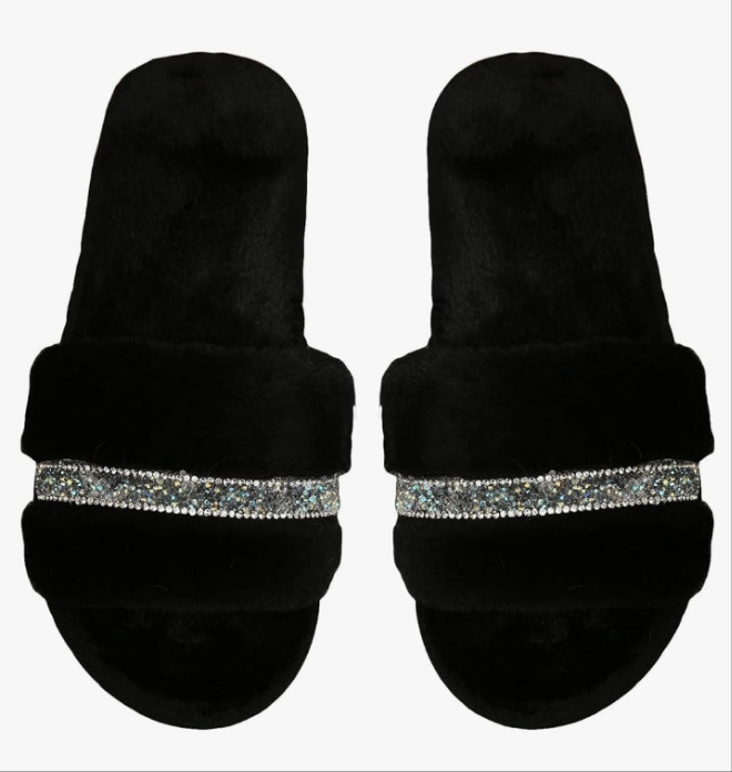 Women's Rhinestone Fuzzy Sandals Faux Fur Slippers Open Toe House Sandals