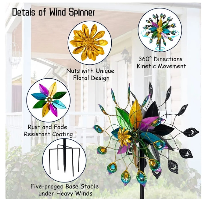 Outdoor 360 Degree Wind Spinner, Metal Wind Spinners for Yard and Garden Large Wind Sculpture Garden Decor (66 * 16 Inches)