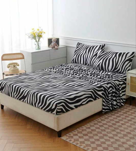 4pcs White Black Zebra Stripe Flower Pattern Sheet Set Easy Care Polyester Microfiber Soft Bedding Set