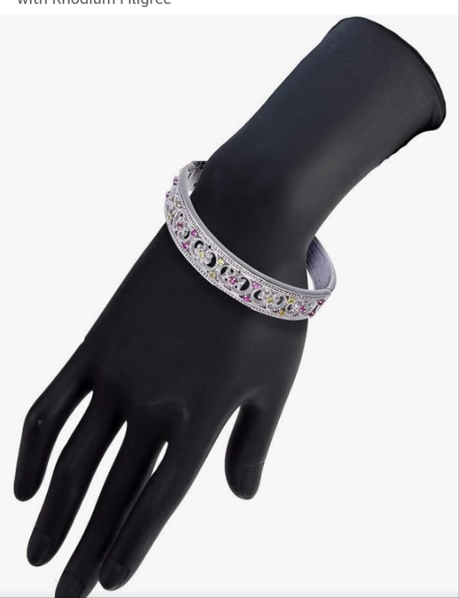 0.65 cttw Pink and Yellow Sapphire Bangle Bracelet Brass with Rhodium Filigree
