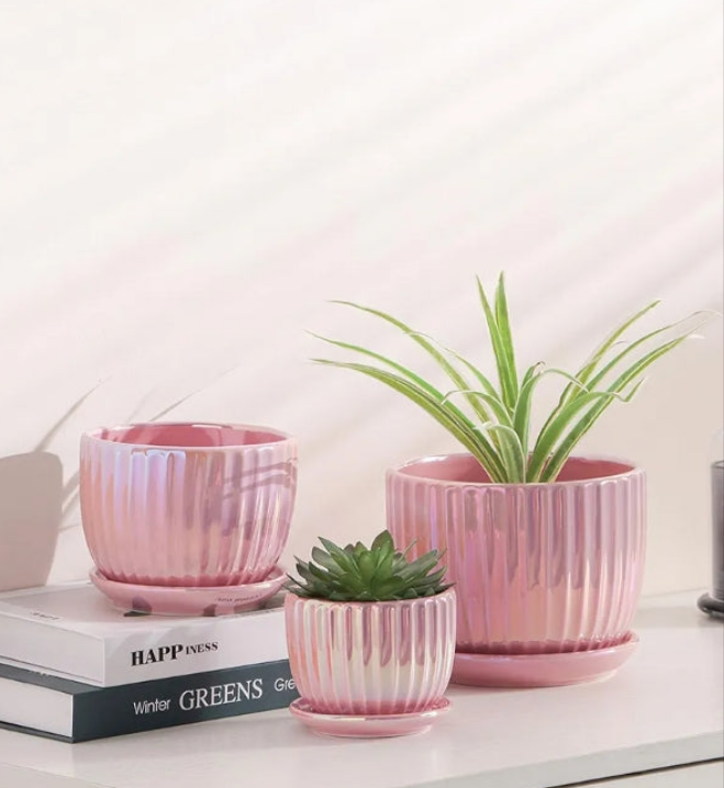 3 pack Pink Gold Ceramic Flower Pots, 4"+5"+6" Inch Small Glazed Succulent Planters with Drainage Hole,Modern Indoor Decorative Plant Pots Set of 3,Garden Pots with Saucer
