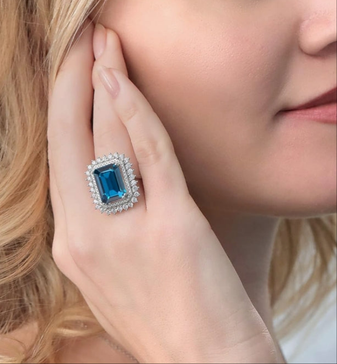 925 Sterling Silver London Blue Topaz Ring For Women (10.10 Cttw, Emerald Cut 14X10MM, Gemstone Birthstone, Available In Size 5, 6, 7, 8, 9)