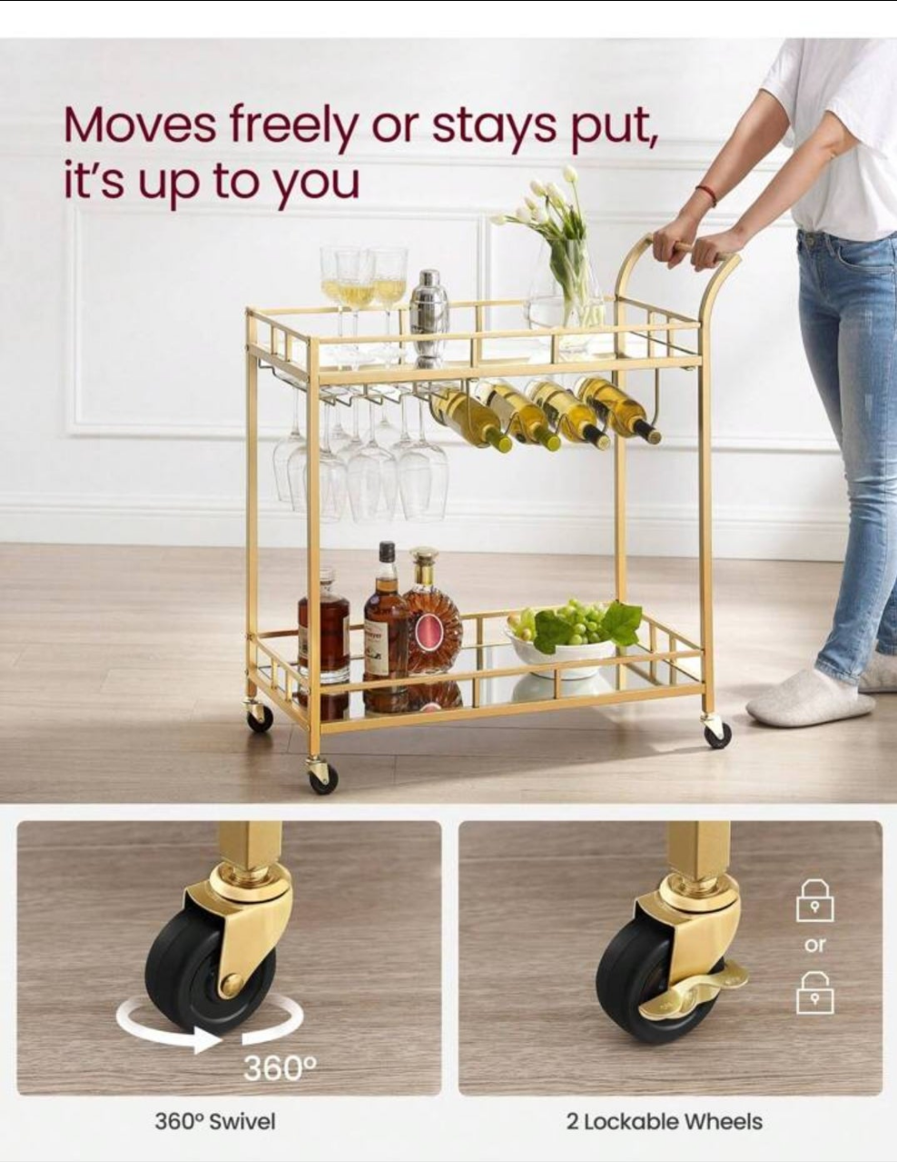 Bar Cart , Home Bar Serving Cart, Wine Cart With 2 Mirrored Shelves, Wine Holders, Glass Holders, For Kitchen, Dining Room stainless steel