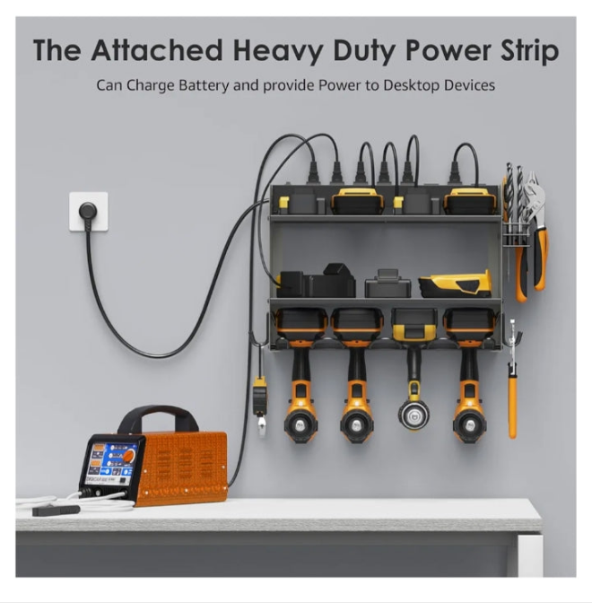 CCCEI Modular Power Tool Organizer Wall Mount with Charging Station. Garage 4 Drill Storage Shelf with Hooks, Drill Bit Heavy Duty Rack, Grey Tool Battery Holder Built in 8 Outlet Power Strip.