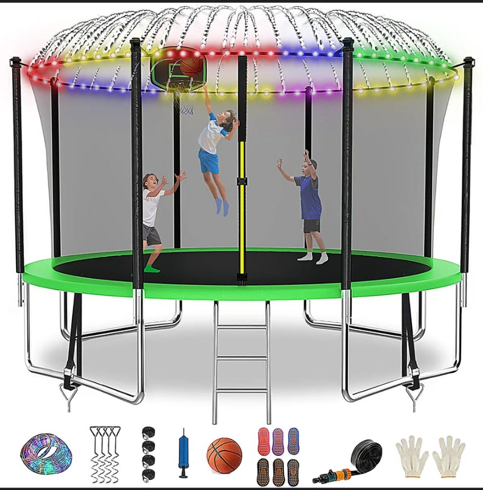 14FT Round Backyard Outdoor Trampoline with Safety Enclosure, Light, Sprinker, with accessories