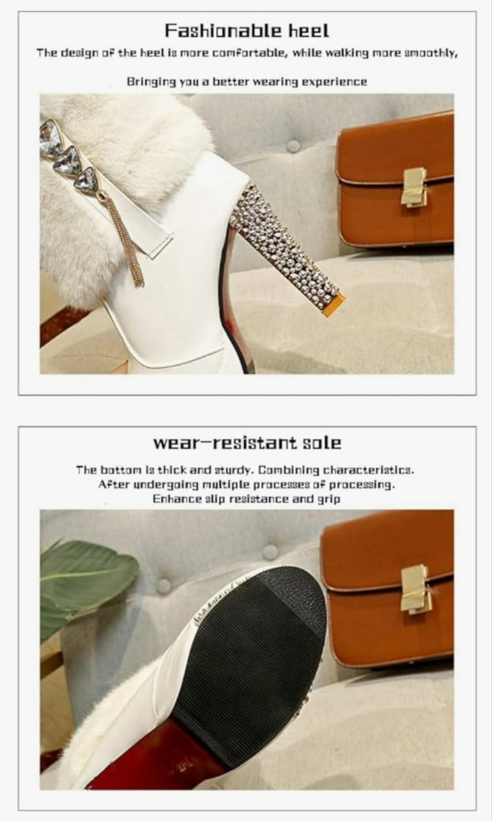 Plush Ankle Boots,Fashion Rhinestones Deco Side Zipper Non-slip Warm Closure Chunky High Heel Snow Boots