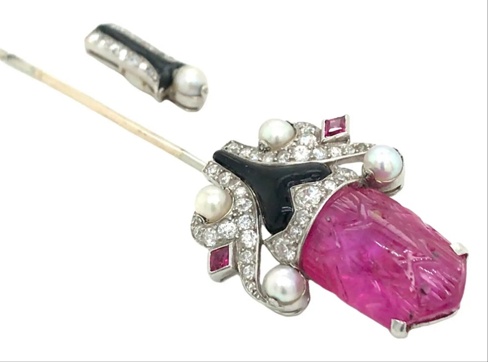 Cartier, Platinum 18K Gold Ruby Pearl Enamel Diamond Jabot Brooch, IAJA, GIA Diamonds: Approximately 0.32 ct Burma No-heat carved Ruby: