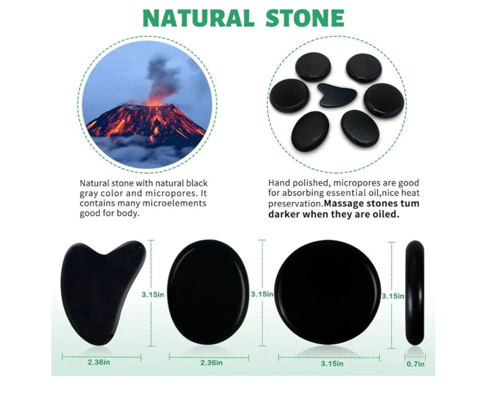 Hot Stones for Massage-6 Large Essential Basalt Massage Stones Set (3.15in) with 1 Gua Sha Facial Tools, Massage Tools for Professional or Home SPA, Relaxing, Healing, Pain Relief