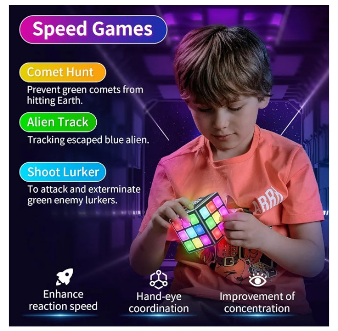 Rechargeable Game Cube, 15-in-1 Fun Brain Memory & Speed Games for Kids, Christmas Birthday Gifts for Boys Girls Ages 6-12+ Years Old, Cool Toys for Kids Teens with Score Screen (Black)