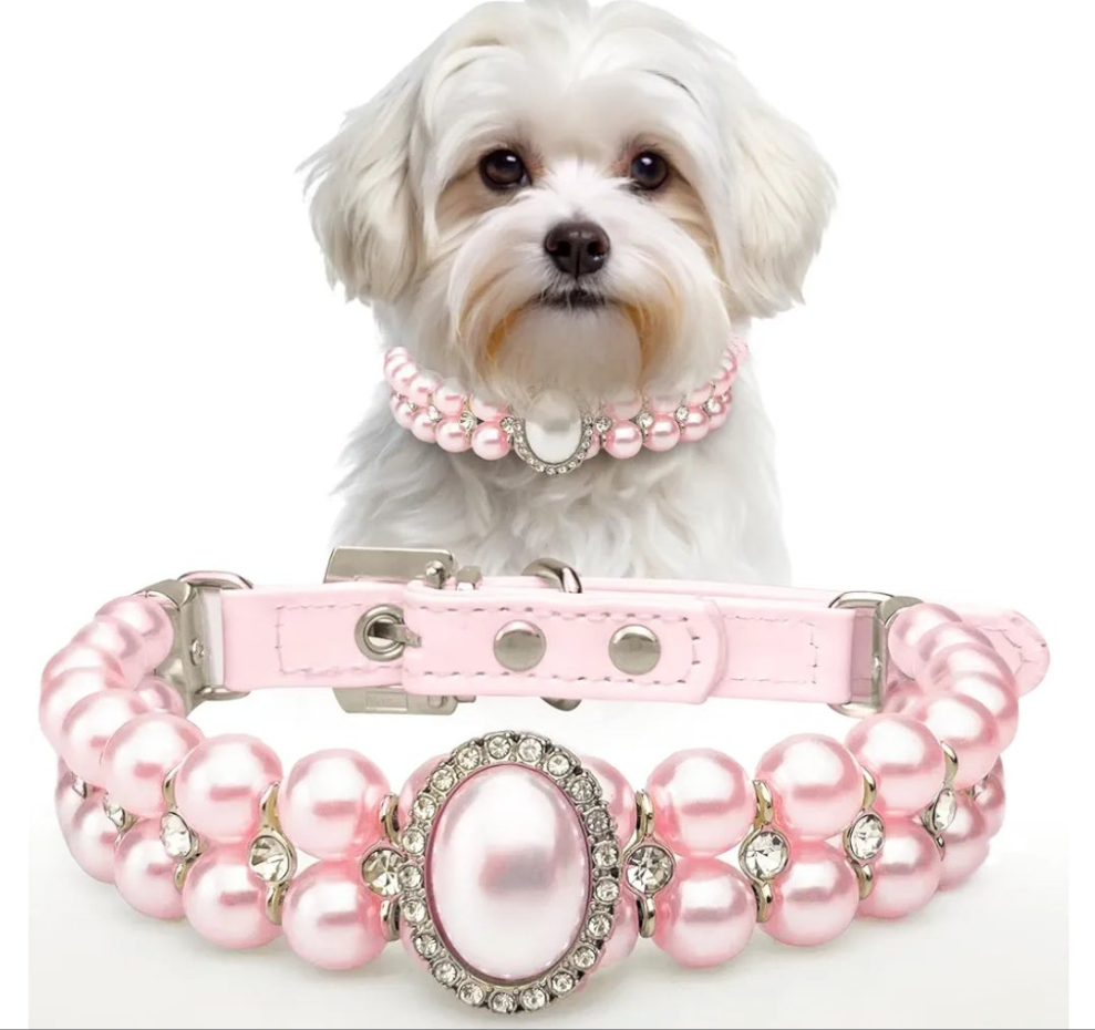 Dog Cat Big Pearl Collars with Crystal Rhinestone Diamond Décor, Adjustable Cute Fashion Pet PU Leather Necklace for Wedding Birthday Party