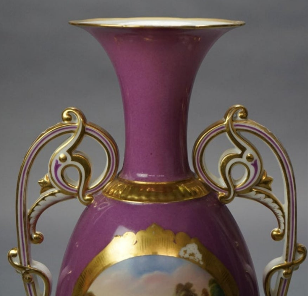 Antique Old Paris Porcelain Scenic Landscape Vase with Scroll Form Handles
