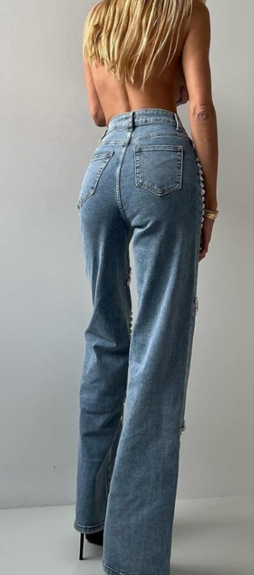 High waist Jeans Rhinestone Trim Bling Baggy Denim Pants Straight Wide Leg Trousers Streetwear