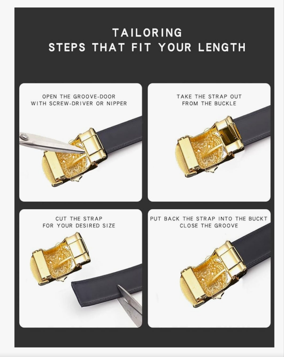 Luxury Men's Belts Gold Tiger Head Automatic Buckle Alloy, PU Leather Men Waist Strap, Slide Easier Adjustable Belt, Cut To Fit, Men Dress Casual Ratchet Belt (49in)