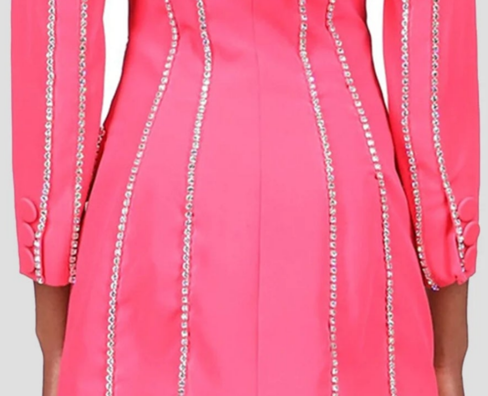 COCOMONEY Lapel Double-breasted Rhinestone Decor Blazer Dress-Hot Pink