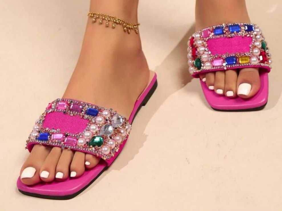 Faux Pearl & Rhinestone Decor Square Open Toe Flat Slip-On Slippers, Fashionable Lightweight Comfortable Anti-Slip For Indoor/Outdoor, Party, Beach, Vacation