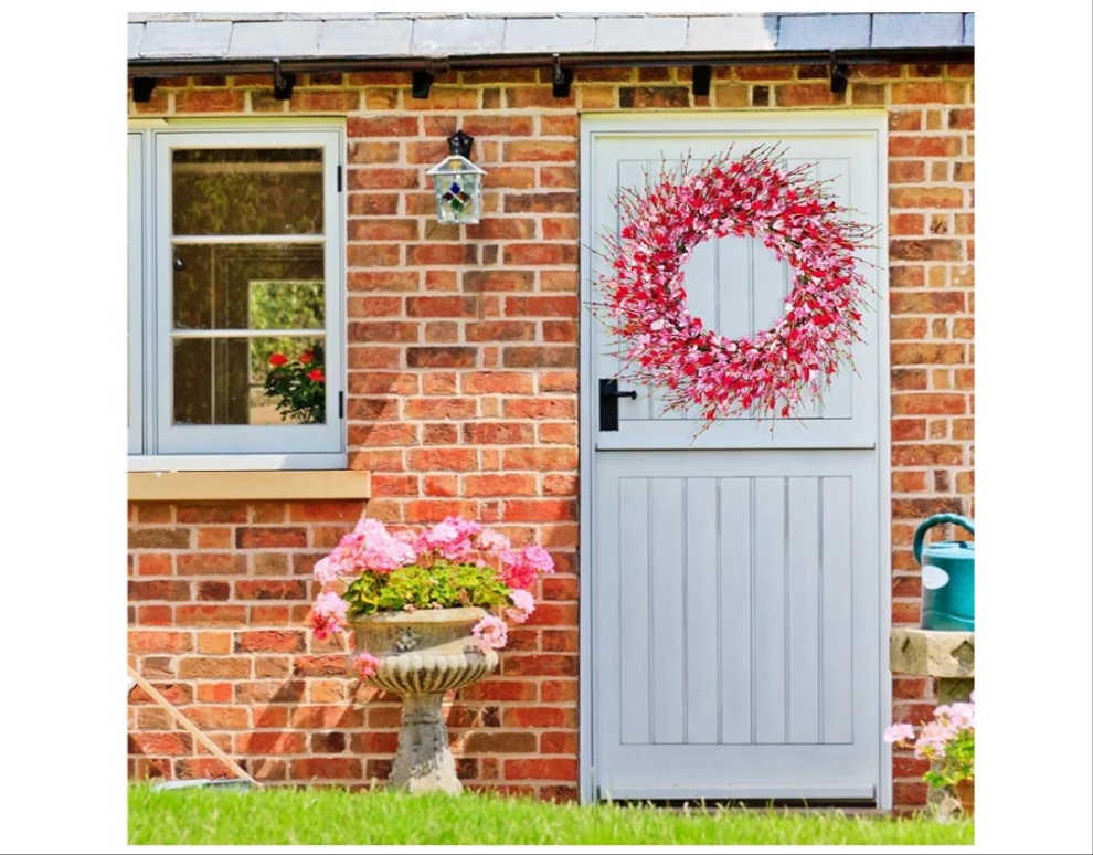 Wreath for Front Door, 20in Artificial Red Pink Forsythia Flower Berries Wreaths for Front Door, Farmhouse Hanging Wall Decor
