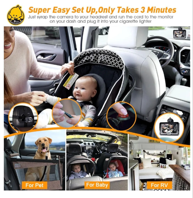 Car Camera for Backseat: HD 1080P Easy Setup Carseat Camera Rear Facing Infant - Crystal Night Vision 360° Rotating Baby Car Monitor for Kids - V33