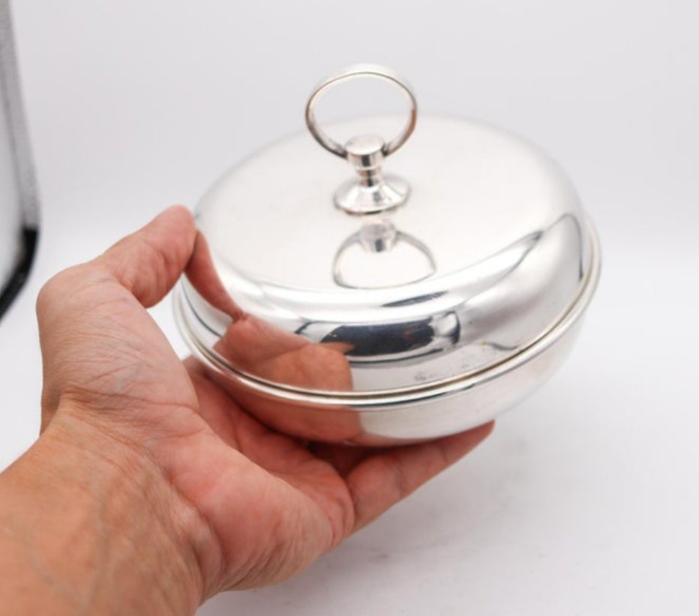 Hermes Paris 1960 Vintage Modernist Desk Box Round Covered Dish In silver