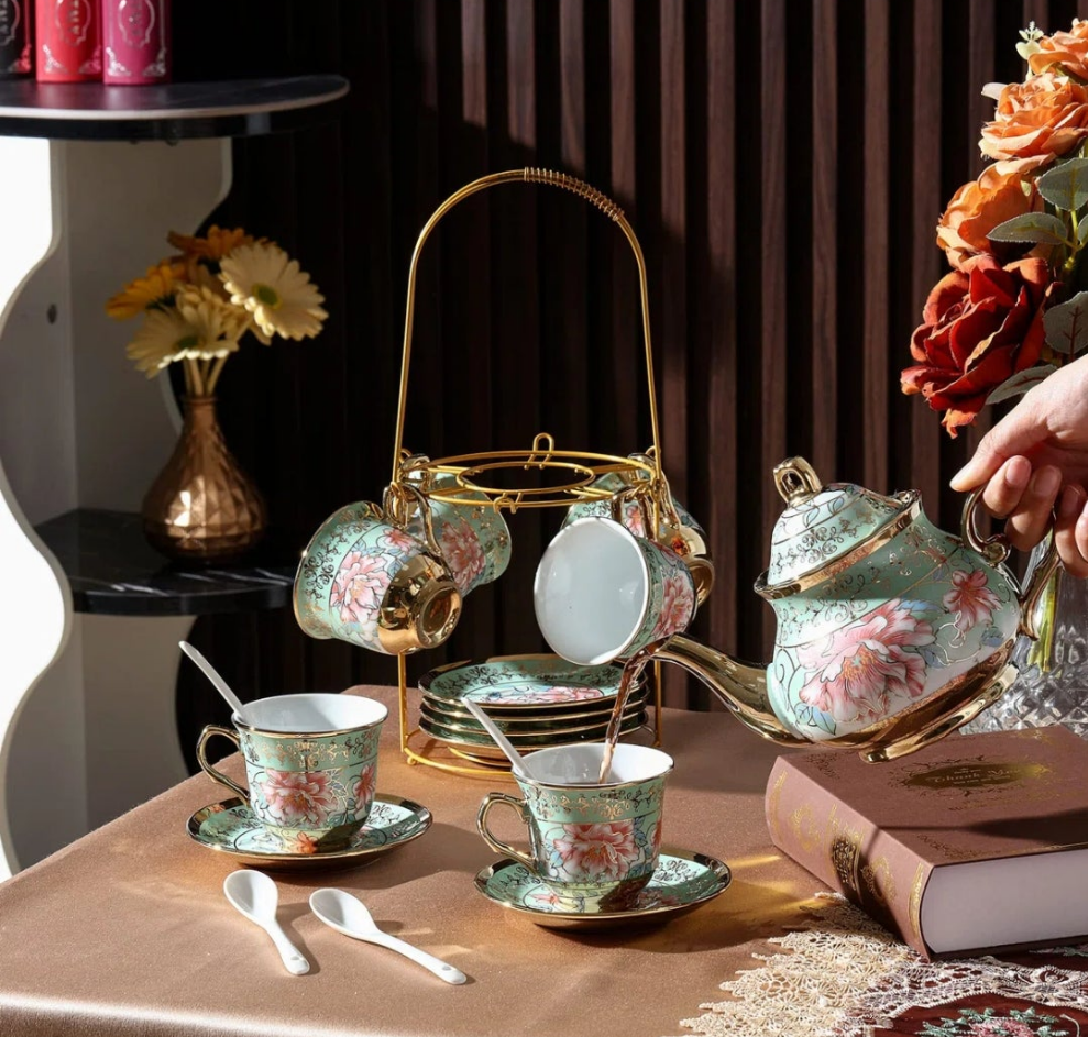 Ceramic 20 Pcs Porcelain Tea Set With Metal Holder Adult Tea Party Set European Flower Tea Cup Saucer Set For Adult Women With Flower Painting, Large Version(Frenchh Style) cute fun pretty