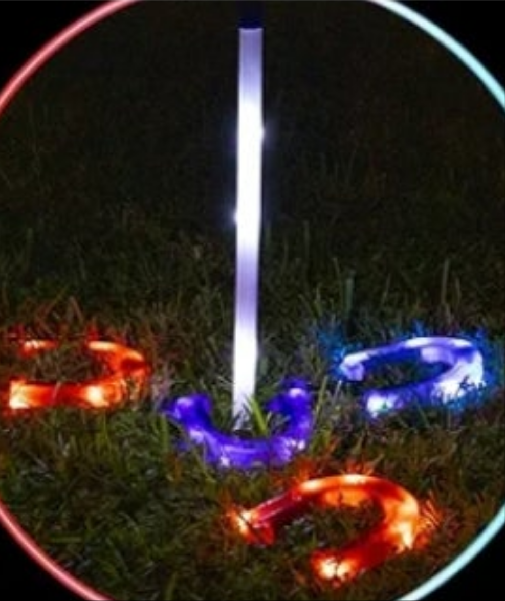 After Dark Illuminated Horseshoes - Complete with 2 Weighted Blue LED Horseshoes, 2 Weighted Red LED Horseshoes and 2 LED Stakes. Perfect for Play Both Day or Night.