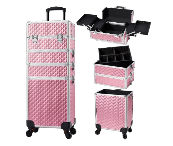 Rolling Makeup Train Case Large Storage Cosmetic Trolley 4 in 1 Large Capacity Trolley Makeup Travel Case with Key Swivel Wheels Salon Barber Case Traveling Cart Trunk