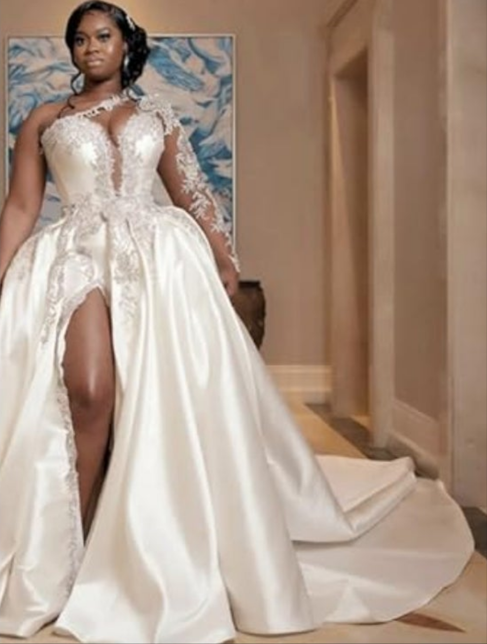 One Shoulder Satin Wedding Dresses Long Sleeve Mermaid Crystals Beaded Bridal Wedding Gowns with Slit