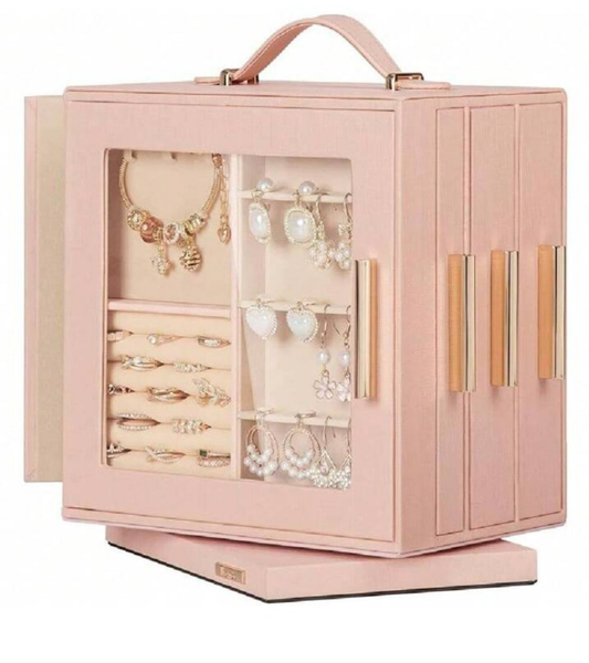 Jewelry Box 360° Rotating, Necklace Earring Organizer With Transparent Window, Mirror, 7 Drawers, Large Ring Display Storage Case For Girls Women pink