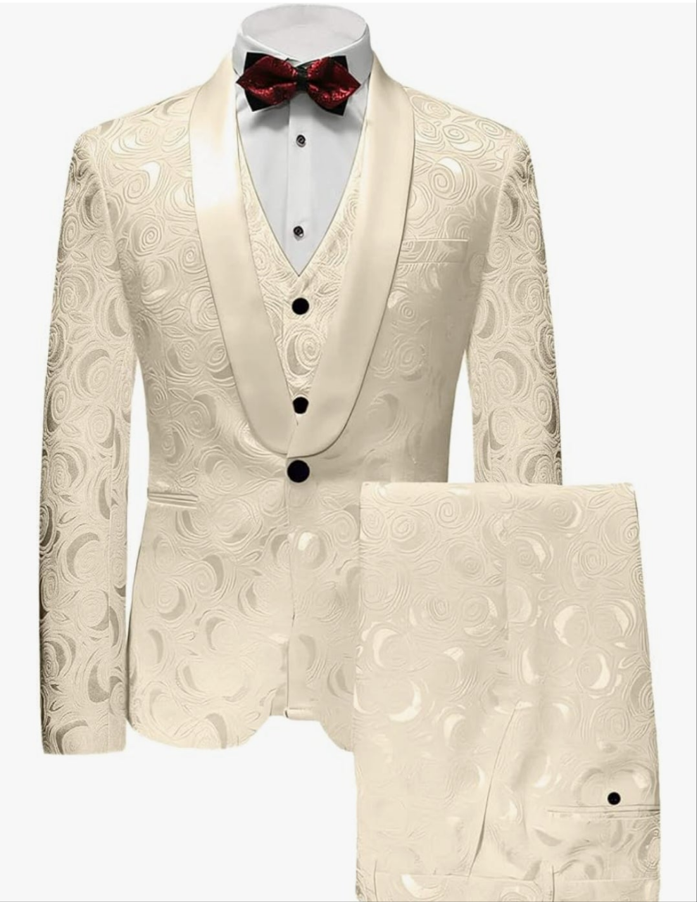 Men's 3 Pieces Jacquard Wedding Suit Classic Fit Blazer and Vest Pants