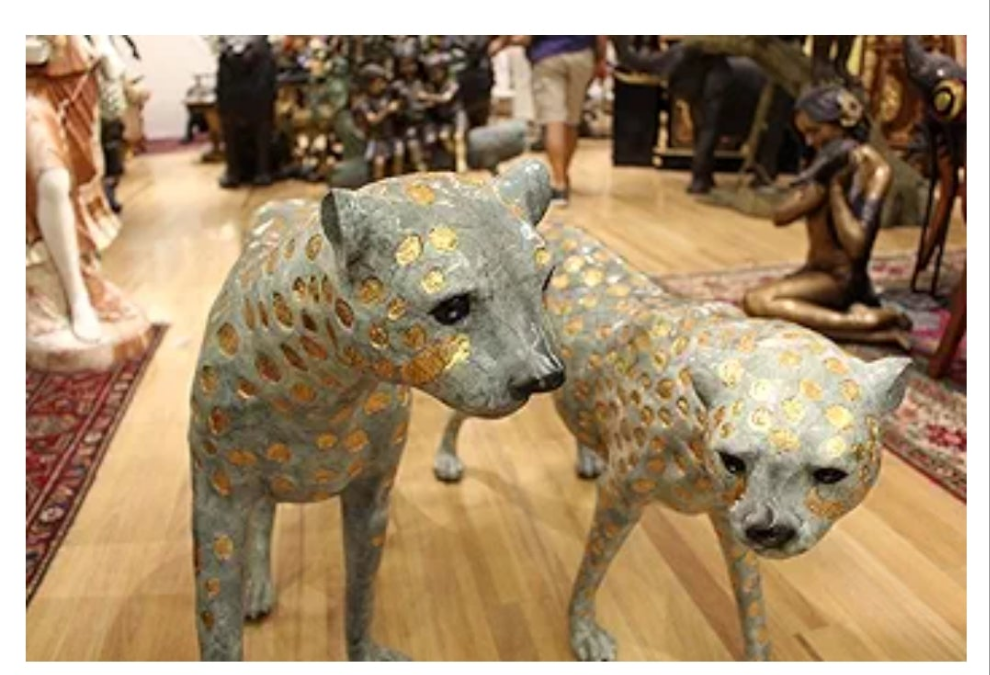 Pair of Golden-Plated Cheetahs Bronze Statue - Size: 58" L x 10" W x 31" H.