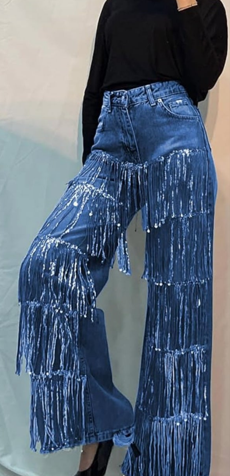 High Waisted Sequin Fringe Jeans Baggy Wide Leg Glitter Sparkly Tassels Denim Pants Trousers