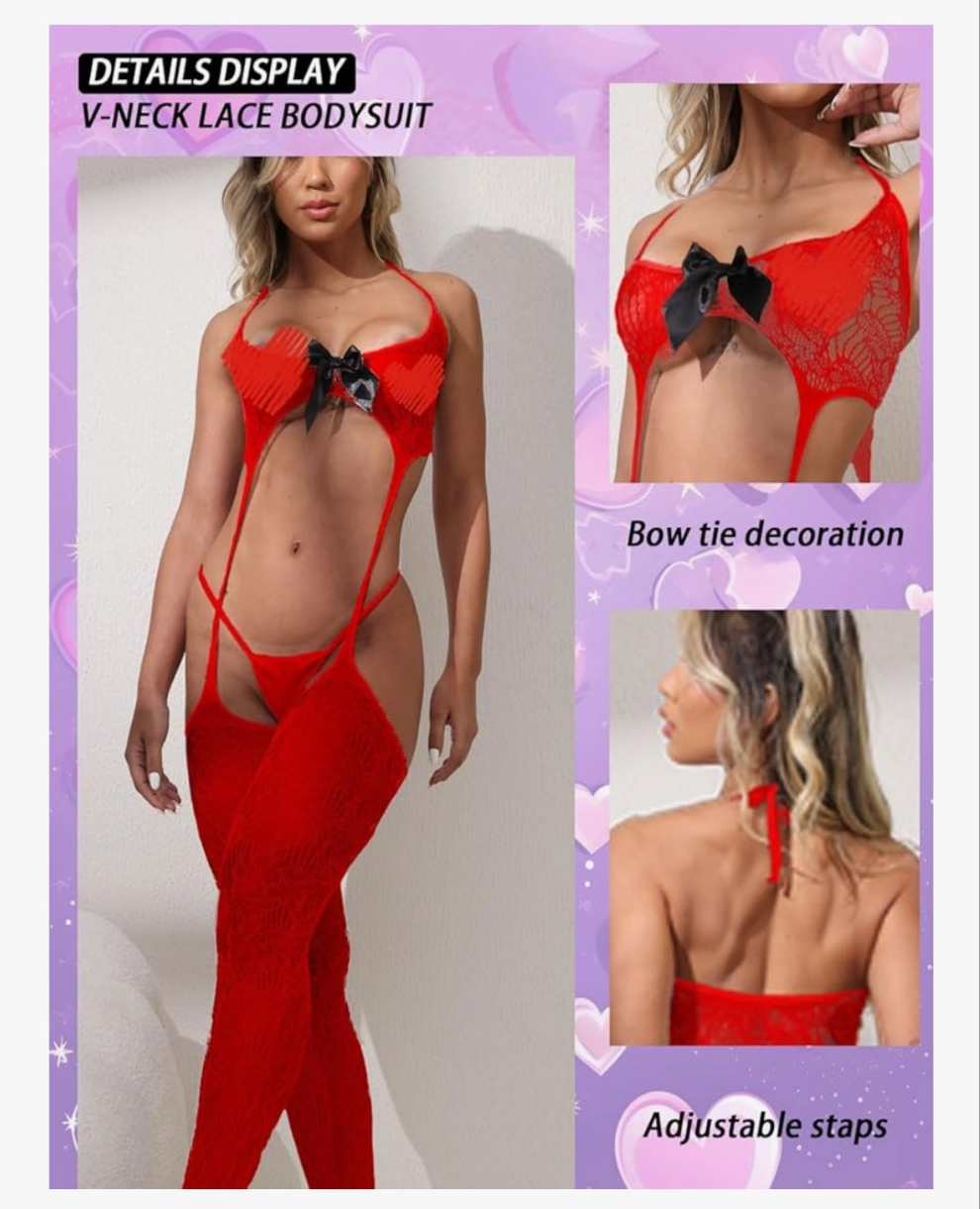 Women's Sexy Lingerie 3 Piece Lingerie Set with Garter Belt Stockings and Panty, Lace Crotchless Teddy Bodysuit One Size