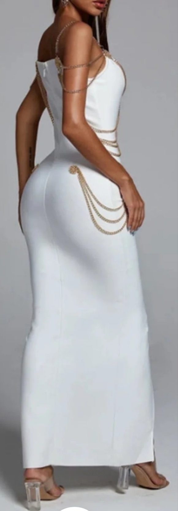 COCOMONEY V Neck Rhinestone Chain Split Maxi Dress-