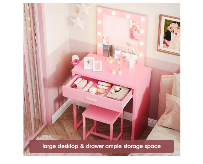 Makeup Vanity Desk with Mirror and Lights, Black Vanity Table and Chair Set, Brightness Adjustable, Small Vanity