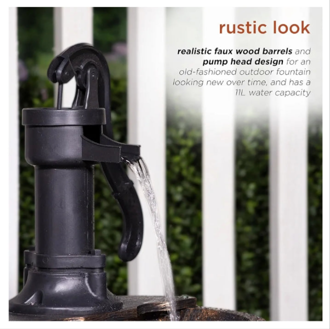 Outdoor Floor Rustic 2-Tiered Barrel and Pump Water Fountain, Old-Fashioned Fountain, 27", Bronze