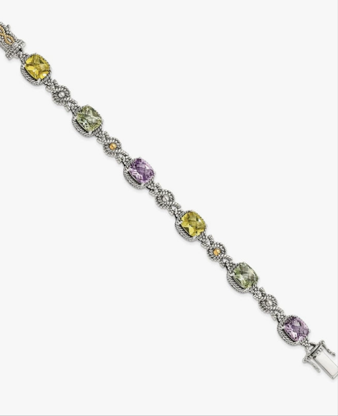 925 Sterling Silver 7.25 inch Vintage Cushion-cut Pink Quartz Green Lemon Chain Gemstone Tennis Bracelet
