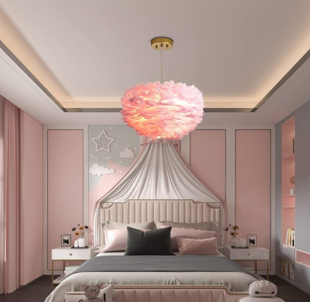 Feather Chandeliers, 3 Lights Modern Romantic Ceiling Haning Lamp, Pink Creative Art Feather Shade Chandelier, for Girls Room, Bedroom, Living Room, Dining Room, 17.7 inch