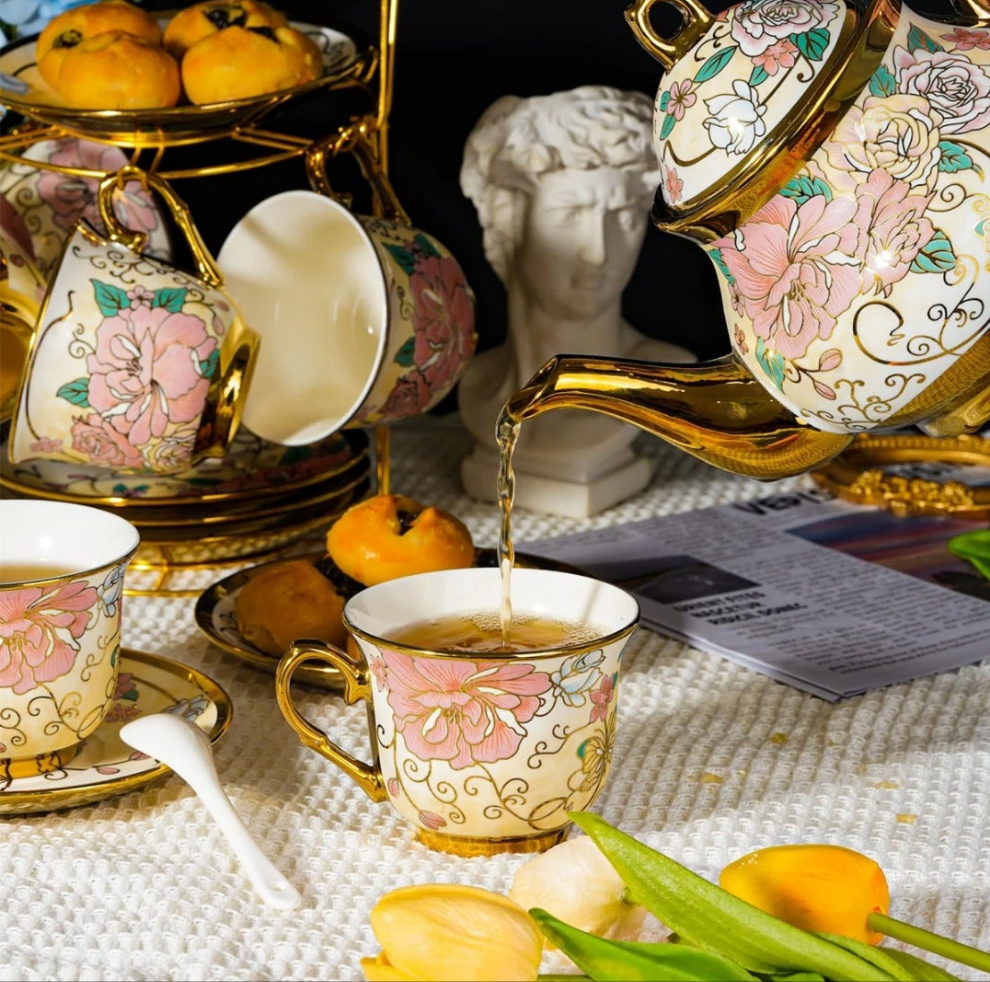 Ceramic 20 Pieces European Ceramic Tea Set for Adults With Metal Holder and Flower Painting (Cream) fancy