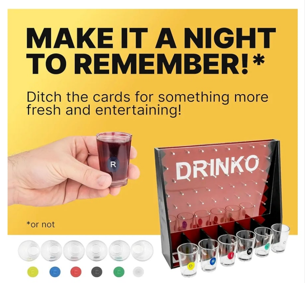 DRINKO Drinking Game - Social Shot Glass Party Fun for Groups & Couples - Multicolor, Glass Shots, Durable Board with Metal Pegs - The Ultimate Party Starter!