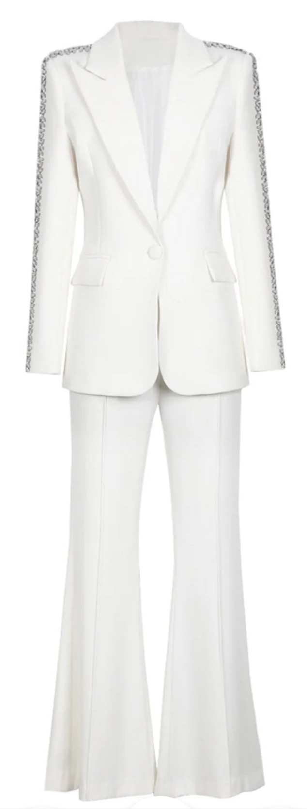 COCOMONEY Lapel Collar Rhinestone Flare Leg Two Piece Pant Set-White or Black