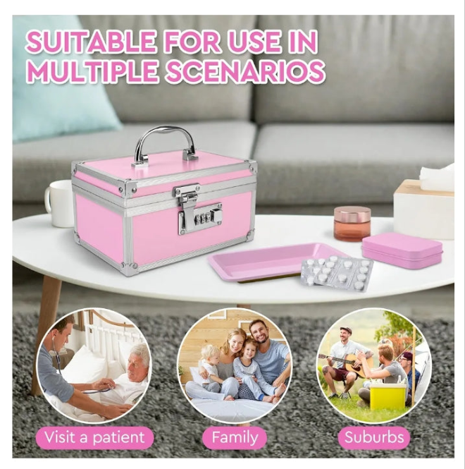 Safe Locking Box With 6 Accessories, Aluminum Medicine Case for Home and Travel,Childproof Pill Box Organizer, Lock box for Valuables, 7.66''x 5.12''x 4.13'' (Pink Set)